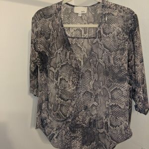 Sheer Snake Print Faux Wrap Blouse